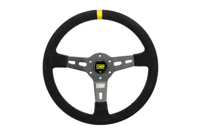 TImón Racing OMP RS 350mm en Gamuzado Negro/Amarillo | Control y Estilo para Competición
