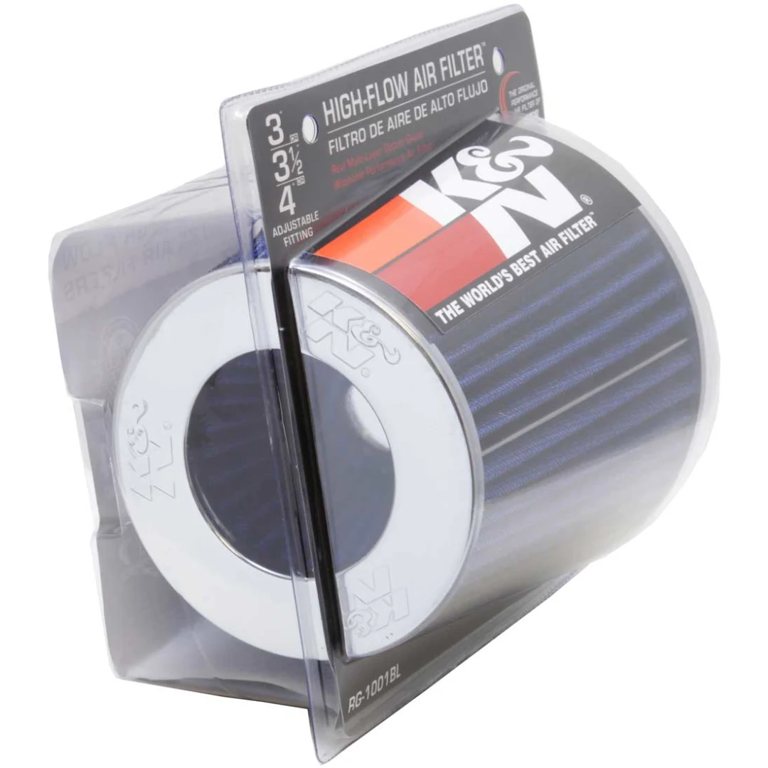 Filtro de aire - K&N filtro de aire universal azul: ronda; 3 cónicos 3 pulgadas/3.5 pulgadas/4 in (102 mm/89 mm/76 mm) id de brida; 5.5 pulgadas (140 mm) altura base; 121 mm parte superior; 152 mm