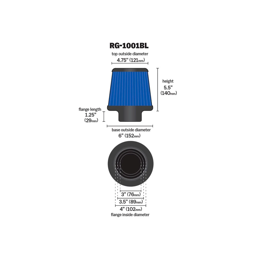 Filtro de aire - K&N filtro de aire universal azul: ronda; 3 cónicos 3 pulgadas/3.5 pulgadas/4 in (102 mm/89 mm/76 mm) id de brida; 5.5 pulgadas (140 mm) altura base; 121 mm parte superior; 152 mm