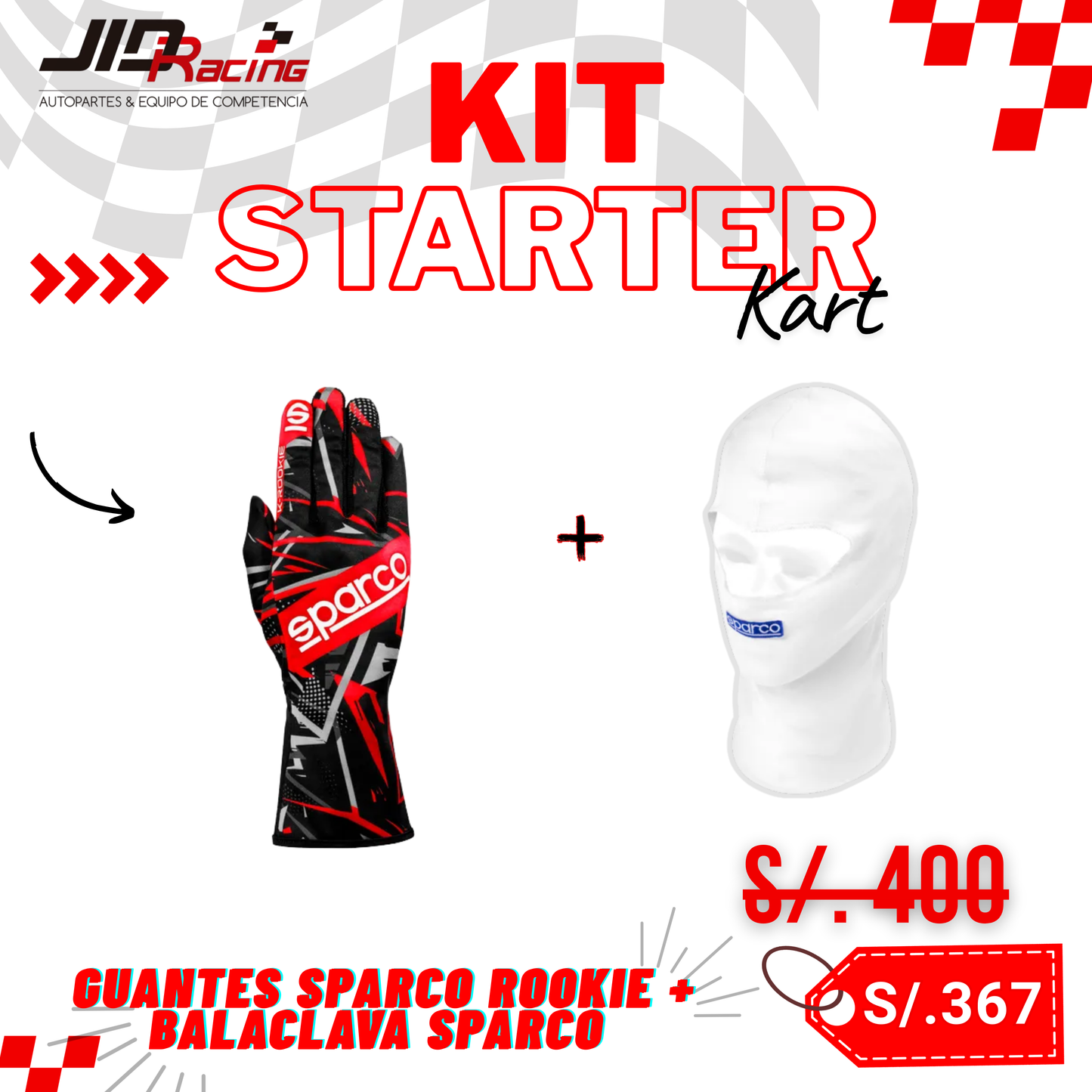 Guantes SPARCO Rookie + Balaclava SPARCO Rookie Blanca (Kit Starter Kart)