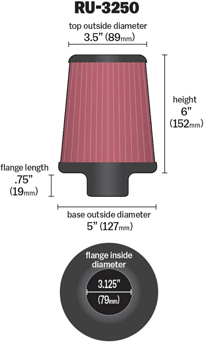 Filtro de aire- K&N  Filtro de Aire Universal Cónico 79mm brida, 127mm base, 89mm parte superior, 152mm altura