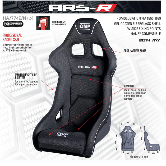 Butaca de competición - OMP ARS -R Fibra de vidrio- FIA 8855-1999 RALLY Negro