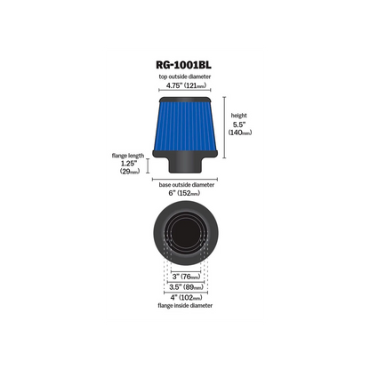 Filtro de aire - K&N  filtro de aire universal azul: ronda; 3 cónicos 3 pulgadas/3.5 pulgadas/4 in (102 mm/89 mm/76 mm) id de brida; 5.5 pulgadas (140 mm) altura base; 121 mm parte superior; 152 mm
