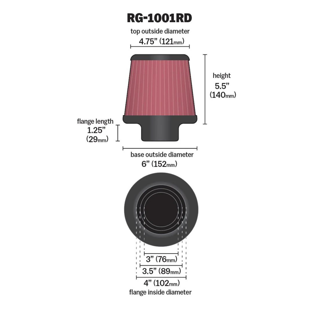 Filtro de aire - K&N Cónico universal: cónico redondo; ID de brida 3 pulgadas/3.5 pulgadas/4 pulgadas (102 mm/89 mm/76 mm); 5.5 pulgadas (140 mm) altura; 6 pulgadas (152 mm) base; 4.75 pulgadas (121 mm) parte superior