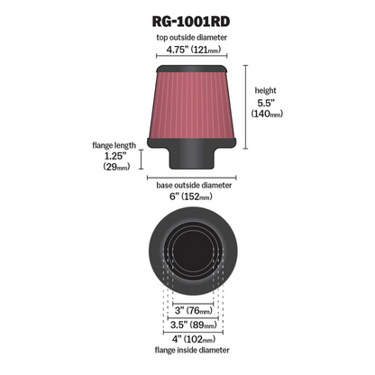 Filtro de aire - K&N Cónico universal: cónico redondo; ID de brida 3 pulgadas/3.5 pulgadas/4 pulgadas (102 mm/89 mm/76 mm); 5.5 pulgadas (140 mm) altura; 6 pulgadas (152 mm) base; 4.75 pulgadas (121 mm) parte superior
