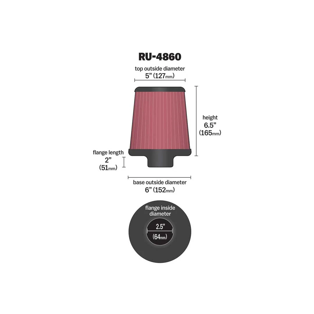Filtro de aire - K&N Cónico Universal con abrazadera original de alto flujo de por vida: alto rendimiento, premium, lavable: diámetro de brida: 2.5 pulgadas, altura del filtro: 6.5 pulgadas