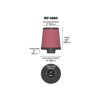 Filtro de aire - K&N Cónico Universal con abrazadera original de alto flujo de por vida: alto rendimiento, premium, lavable: diámetro de brida: 2.5 pulgadas, altura del filtro: 6.5 pulgadas