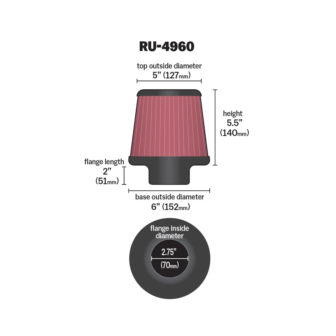 Filtro de aire -K&N Cónico universal de pinzas: redondo y cónico; 2.75 pulgadas (70 mm) de diámetro interno de brida; 5.5 pulgadas (140 mm) de altura; 6 (152 mm) de base; 5 pulgadas (127 mm) de la parte superior
