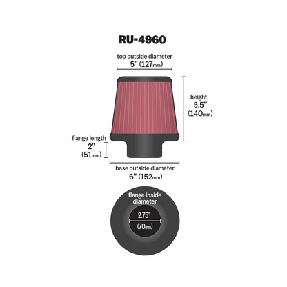 Filtro de aire -K&N Cónico universal de pinzas: redondo y cónico; 2.75 pulgadas (70 mm) de diámetro interno de brida; 5.5 pulgadas (140 mm) de altura; 6 (152 mm) de base; 5 pulgadas (127 mm) de la parte superior