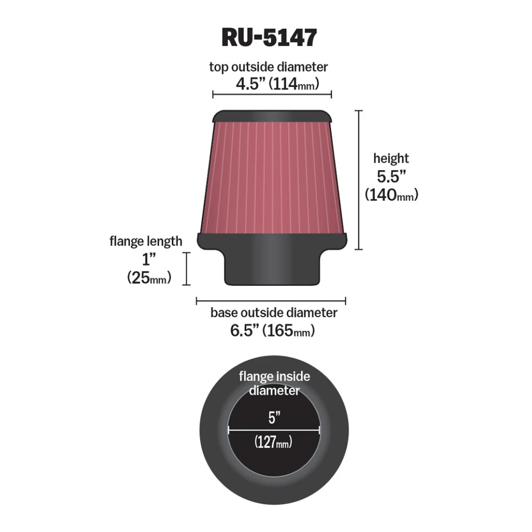 Filtro de aire - K&N universal con abrazadera original de alto flujo de por vida: alto rendimiento, premium, lavable: diámetro de la brida: 5 pulgadas, altura del filtro: 5.5 pulgadas