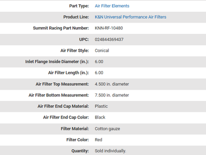 Filtro de aire -  K&N Cónico Universal Abrazadera Alto Rendimiento, Premium, Lavable, Diámetro de la Brida: 6 Pulgadas, Altura Del Filtro: 6 Pulgadas, Longitud de la Brida: 0,625 Pulgadas, Forma: Cónica Redonda,